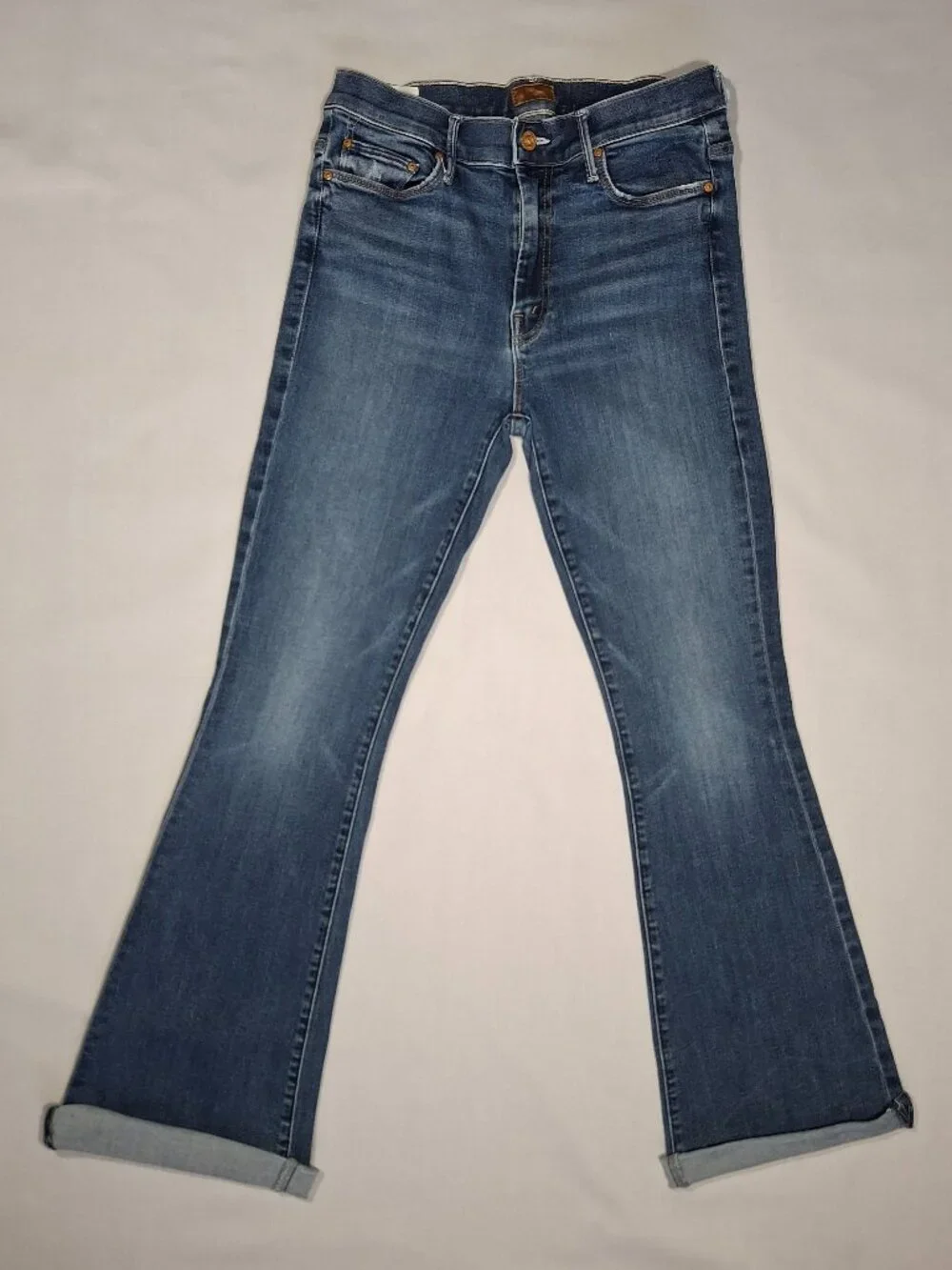 MOTHER The Weekender Fray Jeans Teaming Up Blue Flare Stretch Denim | Size 28